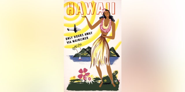 This airline travel poster shows a Hawaiian woman wearing a grass skirt and floral lei while an airplane flies over tropical islands in the background. 