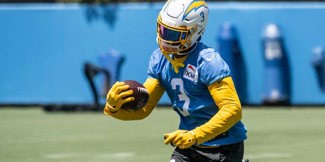 Derwin James Jr. runs a play at the Los Angeles Chargers' training facility in Costa Mesa, California, on June 15, 2022.