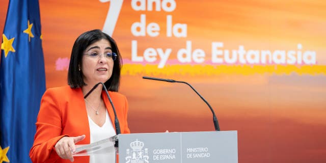 MADRID, SPAIN - JUNE 24: The Minister of Health, Carolina Darias, speaks during the commemorative act '1 year of the Euthanasia Law'