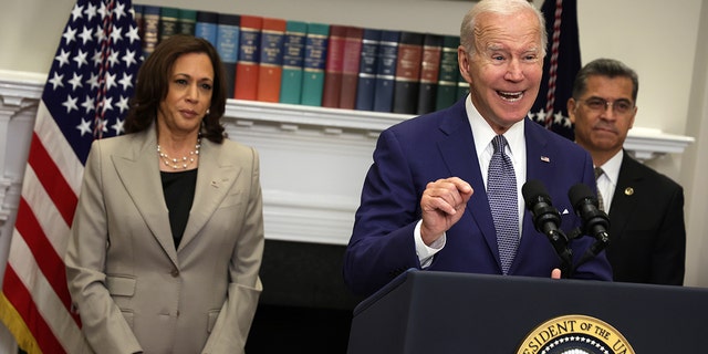 President Biden delivers remarks on reproductive rights with Vice President Kamala Harris, and Secretary of Health and Human Services Xavier Becerra at the White House on July 8, 2022.