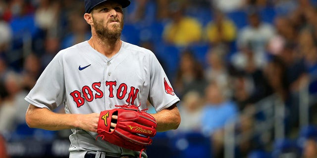 Chris Sale, #41 of the Boston Red Sox, looks on during a game against the Tampa Bay Rays at Tropicana Field on July 12, 2022 in St Petersburg, Florida. 