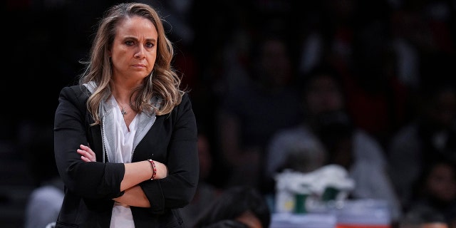 Head coach Becky Hammon of the Las Vegas Aces looks on during the New York Liberty game at Barclays Center on July 14, 2022, in Brooklyn.