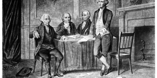 Leaders of the Continental Congress (from left to right) John Adams, Robert Morris, Alexander Hamilton and Thomas Jefferson, from a drawing by Augustus Tholey, 1894. Hamilton, as first Treasury Secretary, created the Revenue Marine in 1790, renamed the Coast Guard.