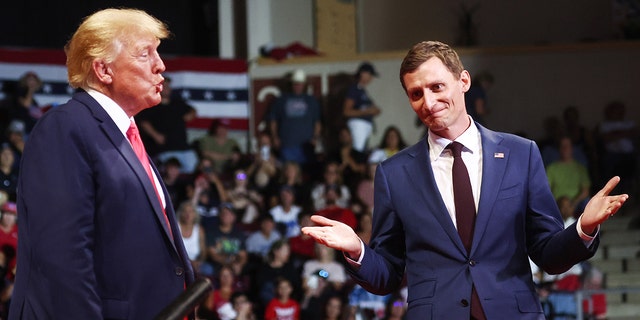 Former President Donald Trump (L) stands with Republican Senate candidate Blake Masters at a rally in support of Arizona GOP candidates on July 22, 2022 in Prescott Valley, Arizona.