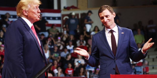 Former President Donald Trump stands with Republican Senate candidate Blake Masters at a Save America rally in support of Arizona GOP candidates in Prescott Valley, Arizona on July 22, 2022.