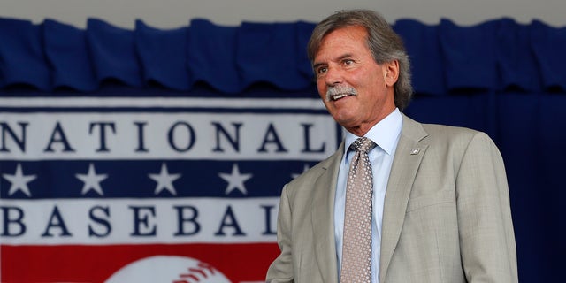 Hall of Famer Dennis Eckersley attends the Baseball Hall of Fame induction ceremony at Clark Sports Center in Cooperstown, New York.  He is retiring from broadcasting at the end of this season.