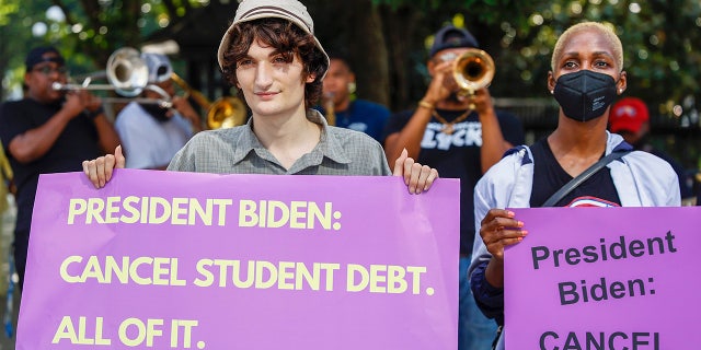 WASHINGTON DC - JULY 27: Student loan debt holders hold a meeting at a government office in Washington DC on July 27, 2022 to demand that President Biden cancel his student loan debt in August. Attend a demonstration outside the White House staff entrance.  (Photo by Countess Jemal/Getty Images, We, 45 million)