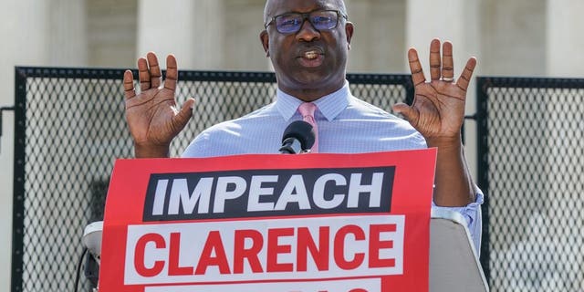 Rep. Jamaal Bowman (D-NY) speaks at a demonstration where MoveOn.org delivered over 1 million signatures calling for Congress to immediately investigate and impeach Clarence Thomas at the US Supreme Court on July 28, 2022 in Washington, DC. 