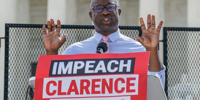 Rep. Jamaal Bowman (D-NY) speaks at a demonstration where MoveOn.org delivered over 1 million signatures calling for Congress to immediately investigate and impeach Clarence Thomas at the US Supreme Court on July 28, 2022 in Washington, DC.