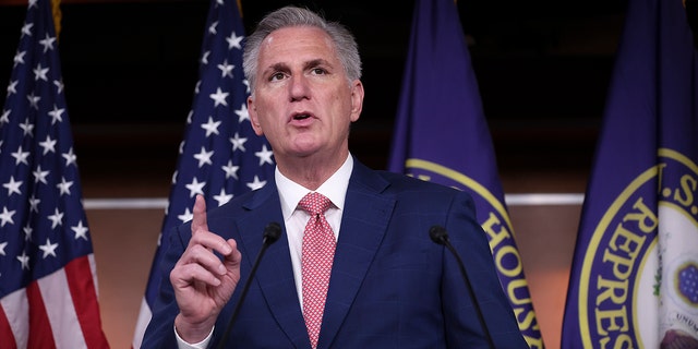 House Minority Leader Kevin McCarthy, R-CA, answers questions during a press conference at the US Capitol on July 29, 2022, in Washington, DC 