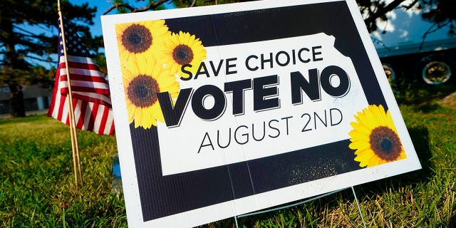 A Vote No to a Constitutional Amendment on Abortion sign is on display outside a polling station on August 01, 2022 in Olathe, Kansas.