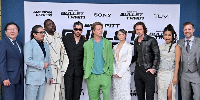 Brad Pitt poses with the cast of "Bullet Train."
