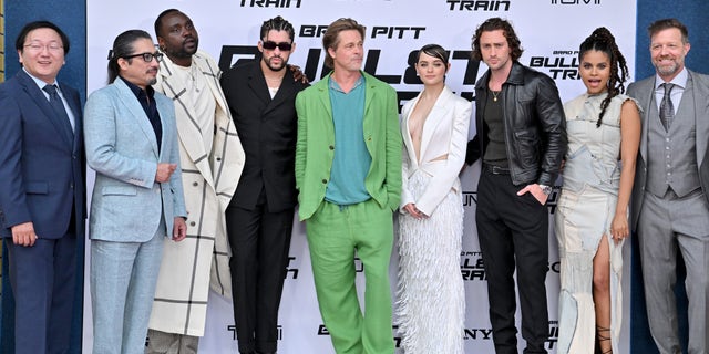 Masi Oka, Hiroyuki Sanada, Brian Tyree Henry, Bad Bunny, Brad Pitt, Joey King, Aaron Taylor-Johnson, Zazie Beetz and David Leitch attend the Los Angeles premiere of "Bullet Train."