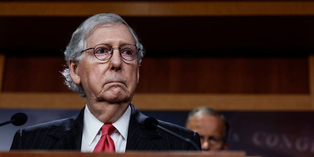 Senate Minority Leader Mitch McConnell, R-KY, speaks at a news conference following the weekly Senate Republican Caucus Meeting in the U.S. Capitol Building on August 02, 2022 in Washington, DC. During the news conference the Republican Senators spoke on their dismay with the Inflation Reduction Act of 2022. 