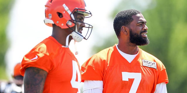 Jacoby Brissett, right, and Deshaun Watson of the Cleveland Browns during training camp on July 30, 2022, in Berea, Ohio.