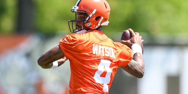 Deshaun Watson of the Cleveland Browns throws a pass during Cleveland Browns training camp at CrossCountry Mortgage Campus July 30, 2022, in Berea, Ohio.