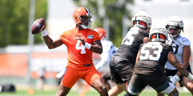 Deshaun Watson of the Cleveland Browns throws a pass during training camp at CrossCountry Mortgage Campus on July 30, 2022, in Berea, Ohio.