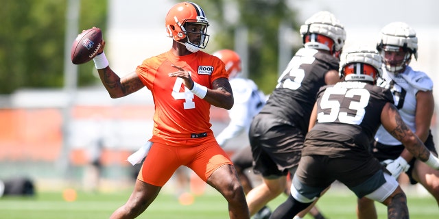 Deshaun Watson of the Cleveland Browns throws a pass during training camp at CrossCountry Mortgage Campus on July 30, 2022, in Berea, Ohio.