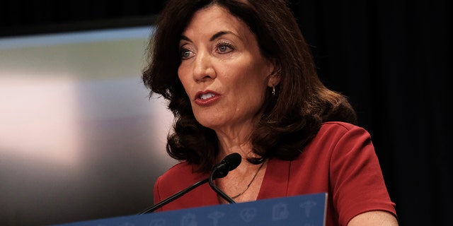 Gov. Kathy Hochul speaks at a news conference on Aug. 3, 2022, in New York City.