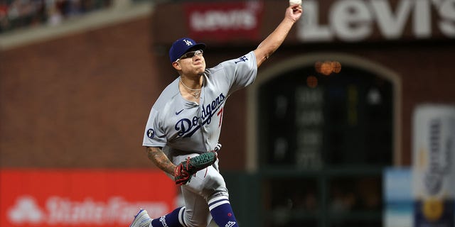 Julio Urias of the Los Angeles Dodgers pitches against the Giants in the seventh inning at Oracle Park on Aug. 3, 2022, in San Francisco, California.