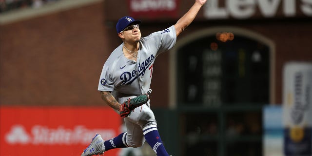 Julio Urias of the Los Angeles Dodgers pitches against the Giants in the seventh inning at Oracle Park on Aug. 3, 2022, in San Francisco, California.