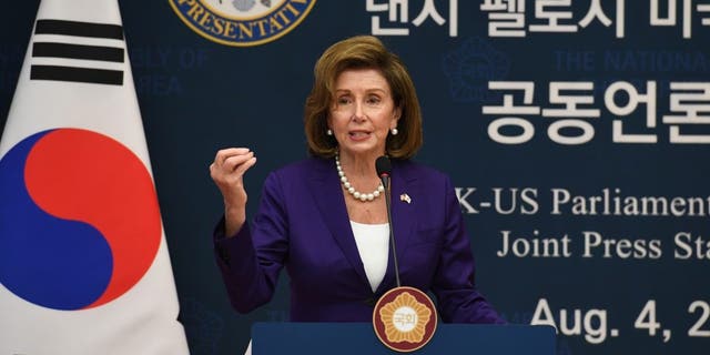 House Speaker Nancy Pelosi, D-Calif., addresses the media after meeting with South Korean National Assembly Speaker Kim Jin-pyo at the National Assembly on August 4, 2022 in Seoul, South Korea. (Photo by Kim Min-Hee - Pool/Getty Images)
