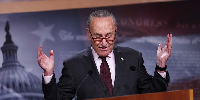WASHINGTON DC - AUGUST 5: US Senate Majority Leader Charles Schumer (D-New York) speaks at a press conference at the US Capitol on August 5, 2022 in Washington, DC. Schumer talked about the Inflation Reduction Act.  (Photo by Kevin Deitch/Getty Images)