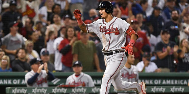 Vaughn Grissom of the Atlanta Braves reacts after hitting a two-run home run against the Boston Red Sox during the seventh inning at Fenway Park in Boston, Massachusetts, on Aug. 10, 2022.