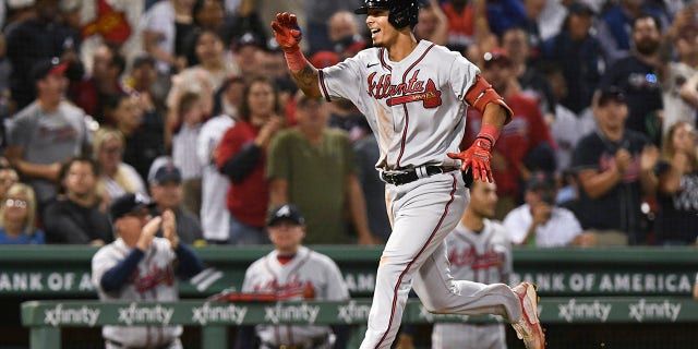 Vaughn Grissom of the Atlanta Braves reacts after hitting a two-run home run against the Boston Red Sox during the seventh inning at Fenway Park in Boston, Massachusetts, on Aug. 10, 2022.