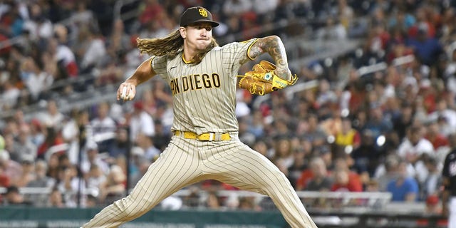 Mike Clevinger of the San Diego Padres pitches in the fourth inning against the Washington Nationals at Nationals Park in Washington, DC on Aug. 12, 2022.  