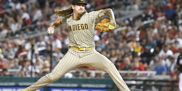 Mike Clevinger of the San Diego Padres pitches in the fourth inning against the Washington Nationals at Nationals Park Aug. 12, 2022, in Washington, D.C.  