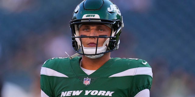 Zach Wilson of the New York Jets during a preseason game against the Philadelphia Eagles at Lincoln Financial Field in Philadelphia on August 12, 2022. The Jets beat the Eagles 24-21. 