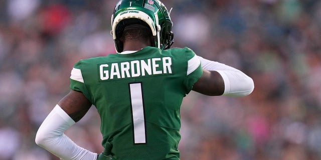 Sauce Gardner of the New York Jets looks on during the preseason game against the Philadelphia Eagles at Lincoln Financial Field in Philadelphia, Pennsylvania, on Aug. 12, 2022.