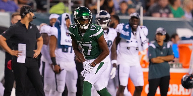 Garrett Wilson during the preseason game against the Eagles at Lincoln Financial Field on Aug. 12, 2022, in Philadelphia. 