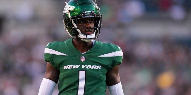 Sauce Gardner of the New York Jets looks on during the preseason game against the Philadelphia Eagles at Lincoln Financial Field in Philadelphia, Pennsylvania, on Aug. 12, 2022.