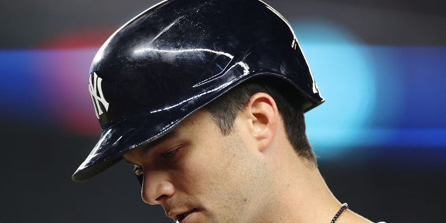 Andrew Benintendi #18 of the New York Yankees watches the seventh round game against the Toronto Blue Jays on August 19, 2022 at Yankee Stadium in the Bronx, New York City. 