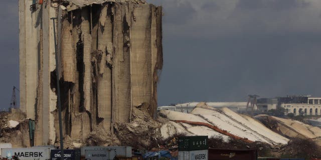 A general view shows the northern collapsed section of the silos in the Port of Beirut, on August 23, 2022 in Beirut, Lebanon.