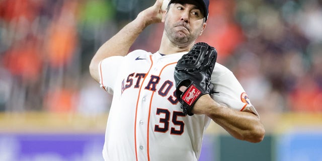 Justin Verlander, of the Astros, delivers during the first inning against the Minnesota Twins on Aug. 23, 2022, in Houston.