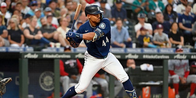 Julio Rodriguez of the Seattle Mariners bats during the fourth inning against the Washington Nationals at T-Mobile Park in Seattle, Washington, on Aug. 23, 2022.