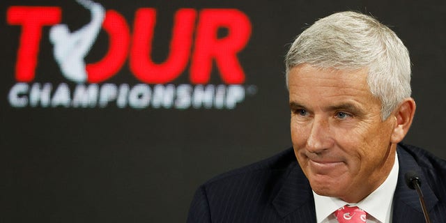 PGA TOUR Commissioner Jay Monahan speaks during a pre-TOUR Championship press conference at East Lake Golf Club in Atlanta, Georgia on August 24, 2022.