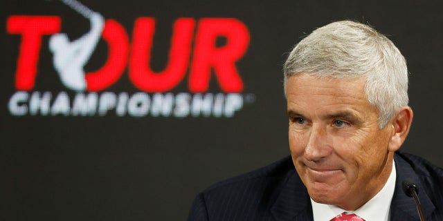 PGA TOUR Commissioner Jay Monahan speaks during a pre-TOUR Championship press conference at East Lake Golf Club in Atlanta, Georgia on August 24, 2022.