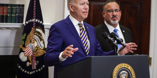 WASHINGTON, DC - AUGUST 24: U.S. President Joe Biden, joined by Education Secretary Miguel Cardona, speaks on student loan debt in the Roosevelt Room of the White House August 24, 2022 in Washington, D.C.