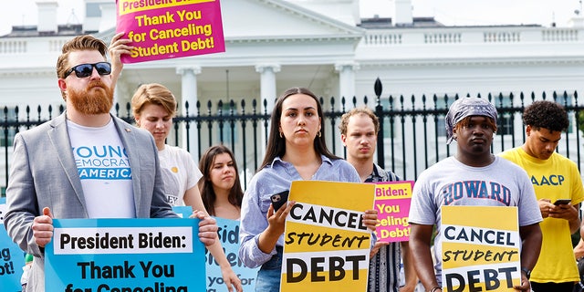 WASHINGTON DC - AUGUST 25: Student loan borrowers celebrate President Biden's cancellation of student debt on August 25, 2022 in Washington DC to start the fight to cancel the remaining debt. , hold a rally in front of the White House.  (Photo credit: Paul Morigi/Getty Images for We the 45m)