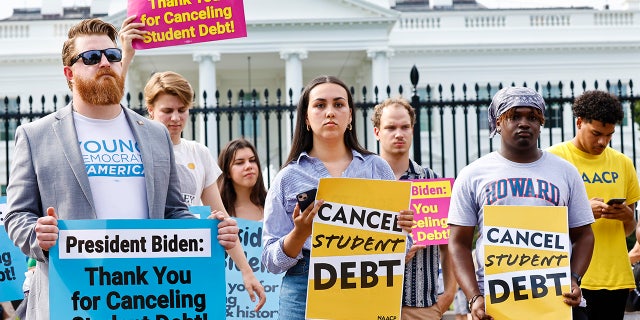 Demonstrators rally in front of The White House to celebrate President Biden canceling student debt and to begin the fight to cancel any remaining debt on Aug. 25, 2022.