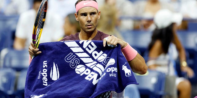 Rafael Nadal of Spain waits during a changeover against Rinky Hijikata of Australia in their Men's Singles First Round match on Day Two of the 2022 US Open at USTA Billie Jean King National Tennis Center on Aug. 30, 2022 in the Flushing neighborhood of the Queens borough of New York City.