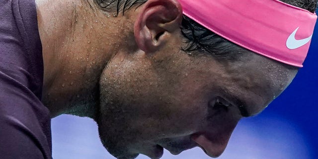 A drop of sweat falls down from Rafael Nadal of Spain as he prepares to serve against Rinky Hijikata of Australia in their Men's Singles First Round match during the 2022 U.S. Open Tennis Tournament at the USTA Billie Jean King National Tennis Center on Aug. 30, 2022.