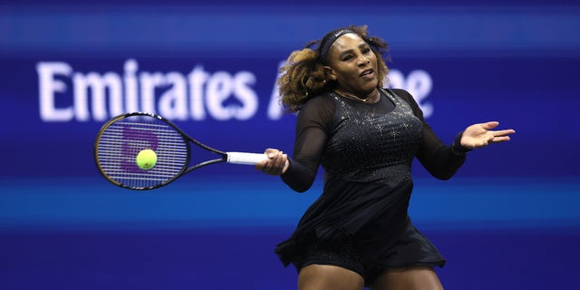 Serena Williams of the United States plays a forehand against Anett Kontaveit of Estonia in their Women's Singles Second Round match on Day Three of the 2022 US Open at USTA Billie Jean King National Tennis Center on August 31, 2022 in the Flushing neighborhood of the Queens borough of New York City.