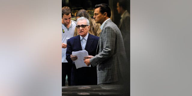 Martin Scorsese and Leonardo DiCaprio working on the set of "The Wolf of Wall Street" in Manhattan in 2012.  