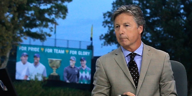 Brandel Chamblee is seen on the set of the Golf Channel during the second day of play at the Presidents Cup in Dublin, Ohio, on Oct. 4, 2013.
