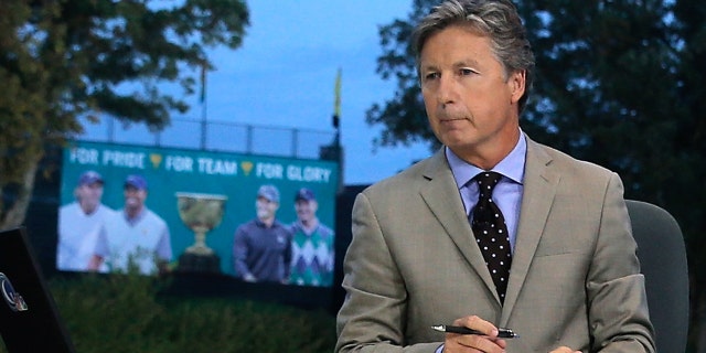 Brandel Chamblee is seen on the set of the Golf Channel during the second day of play at the Presidents Cup in Dublin, Ohio, on Oct. 4, 2013.